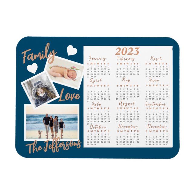 Modern Blue & Gold New Year Calendar Photos Magnet (Horizontal)