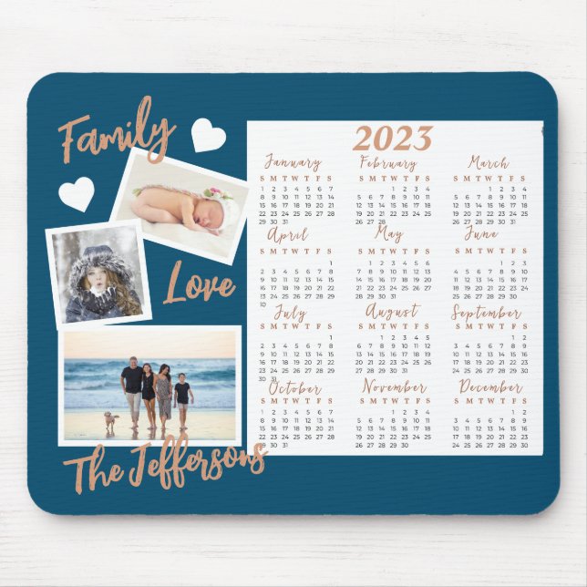 Modern Blue & Gold New Year Calendar Photos Mouse Pad (Front)