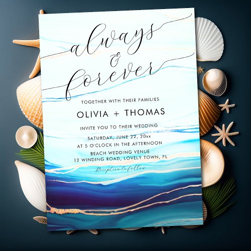 Modern Blue Gold Ocean Wave Always Forever Wedding Invitation