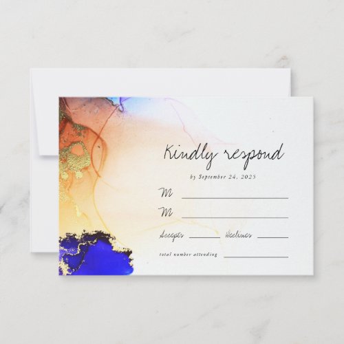 Modern Blue Gold Orange Alcohol Ink Wedding RSVP Card