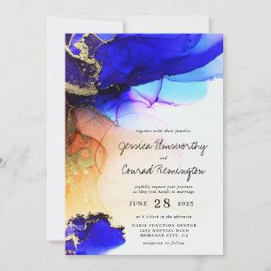 Modern Blue Gold Orange Wedding Invitation