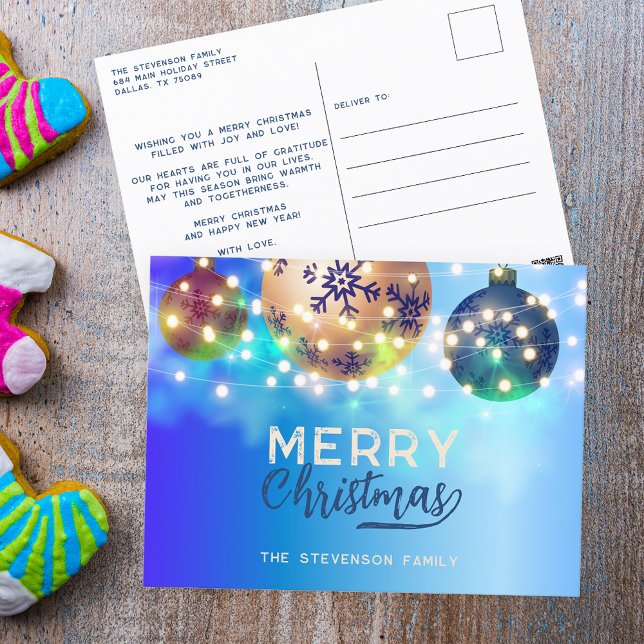  Modern Blue Gold Ornaments Family Christmas Holiday Postcard (Creator Uploaded)