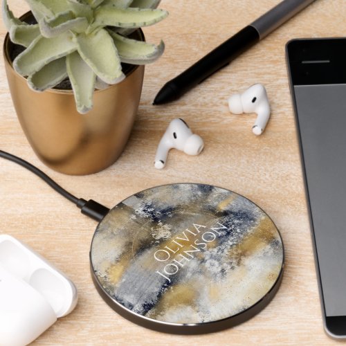 Modern Blue Gold Painting Abstract Wireless Charger