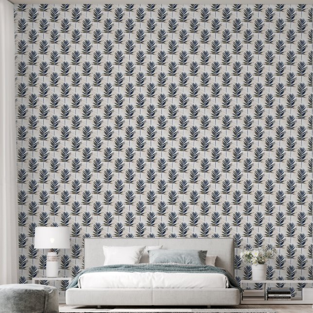 Modern Blue Gold Palm Leaves Wallpaper (Bedroom)