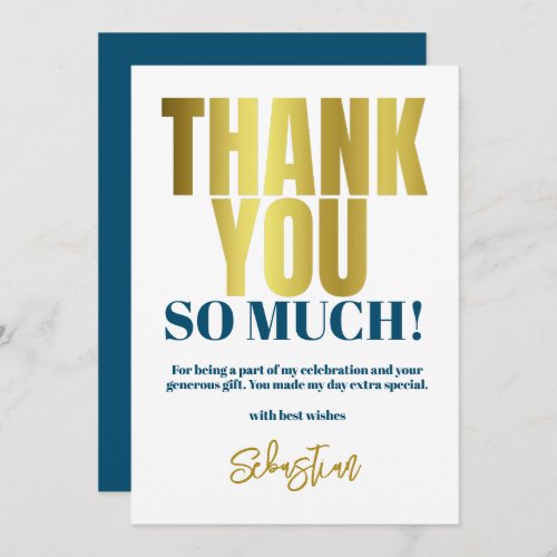 Modern Blue Gold Party Thank You Card