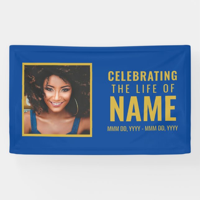 Modern Blue Gold Photo Celebration of Life  Banner (Horizontal)
