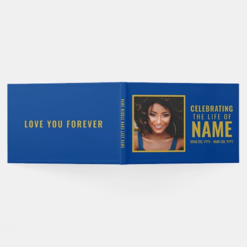 Modern Blue Gold Photo Celebration of Life  Guest Book