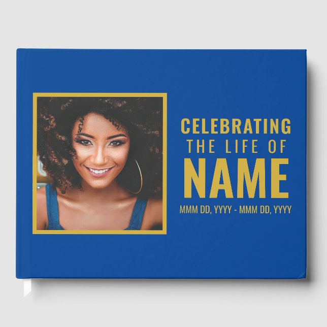 Modern Blue Gold Photo Celebration of Life  Guest Book (Front)