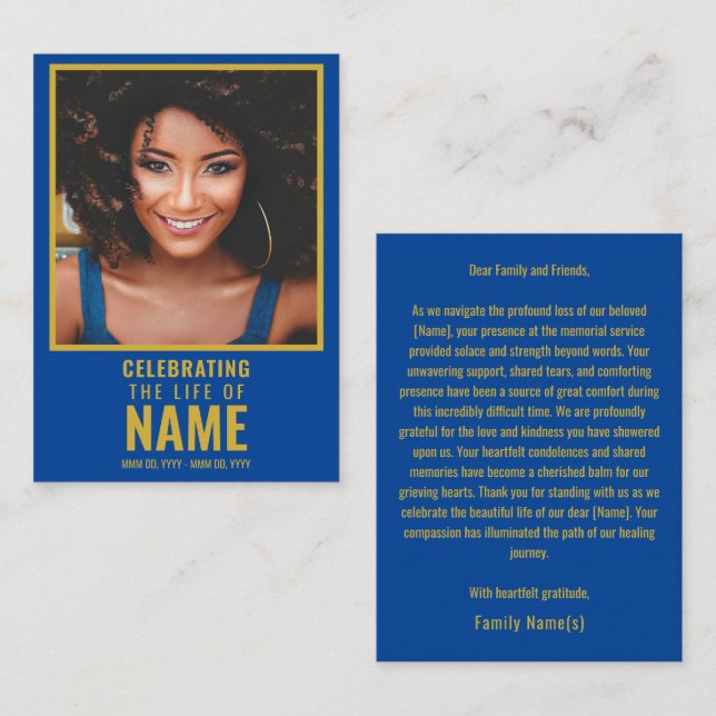 Modern Blue Gold Photo Celebration of Life  Note Card (Front/Back)