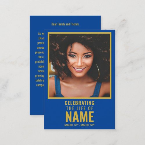 Modern Blue Gold Photo Celebration of Life  Note Card