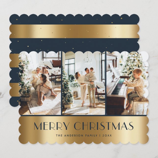 Modern Blue Gold Photo Collage Christmas Card (Front/Back)