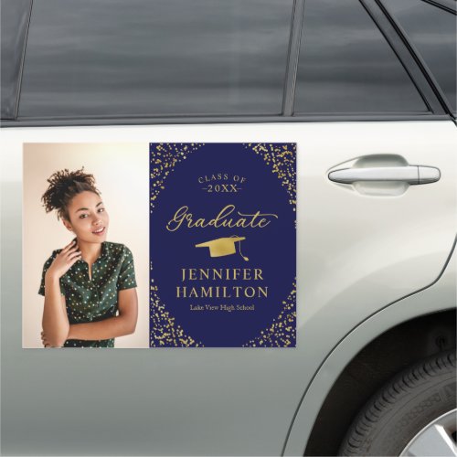 Modern Blue Gold Photo Graduation Car Magnet