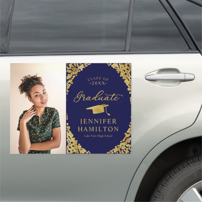 Modern Blue Gold Photo Graduation Car Magnet (In Situ)