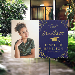 Modern Blue Gold Photo Graduation Sign