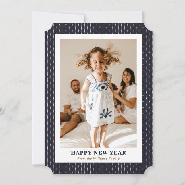Modern Blue Gold Photo Happy New Year Card (Front)