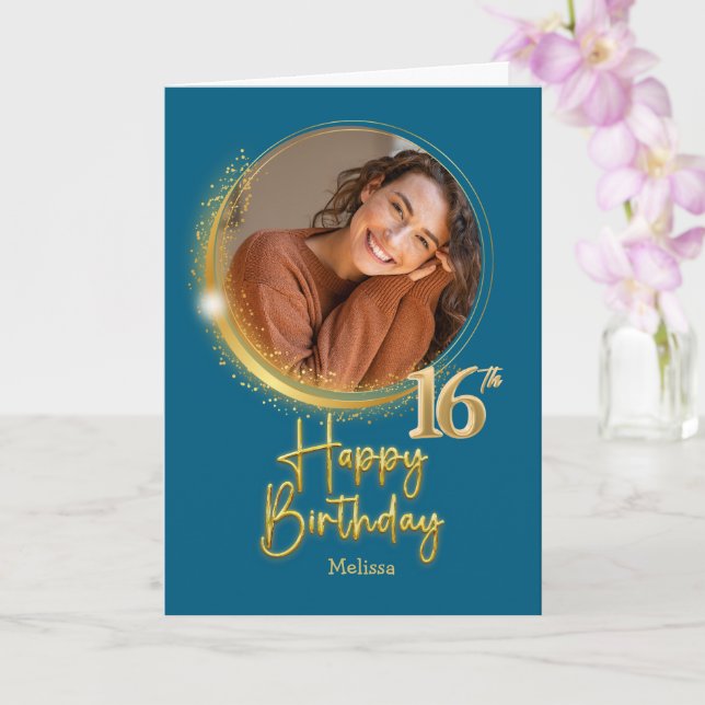 Modern Blue & Gold Photo Name 16th Birthday Card (Orchid)