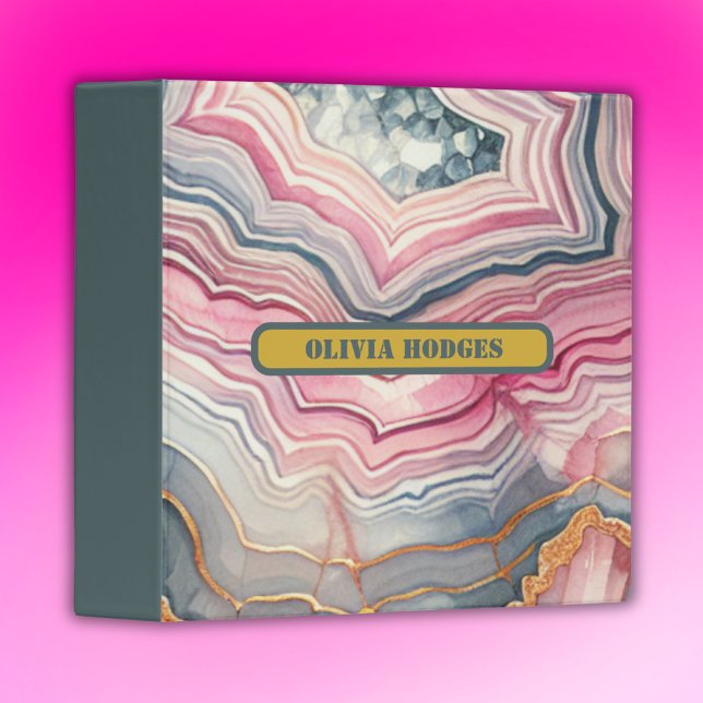 Modern Blue Gold Pink Agate Geode Monogram |  3 Ring Binder (Creator Uploaded)