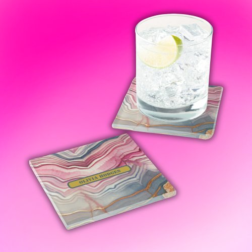 Modern Blue Gold Pink Agate Geode Monogram   Glass Coaster