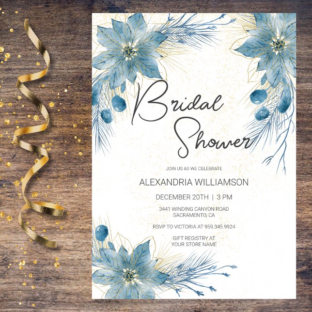 Modern Blue & Gold Poinsettia Bridal Shower  Invitation (Creator Uploaded)