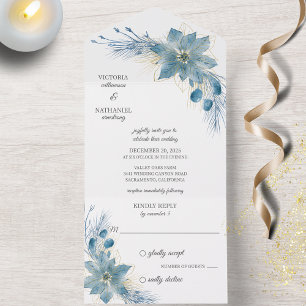 Modern Blue & Gold Poinsettia on White All In One Invitation