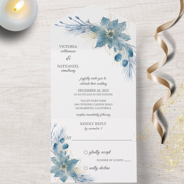 Modern Blue & Gold Poinsettia on White All In One Invitation (Also available with QR code. )
