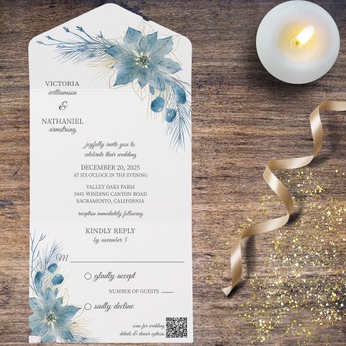 Modern Blue  Gold Poinsettia on White QR Code All In One Invitation