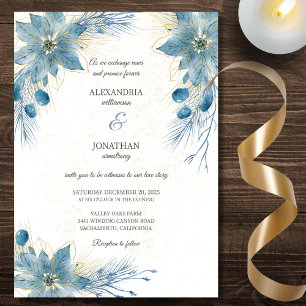 Modern Blue & Gold Poinsettia Wedding Invitation