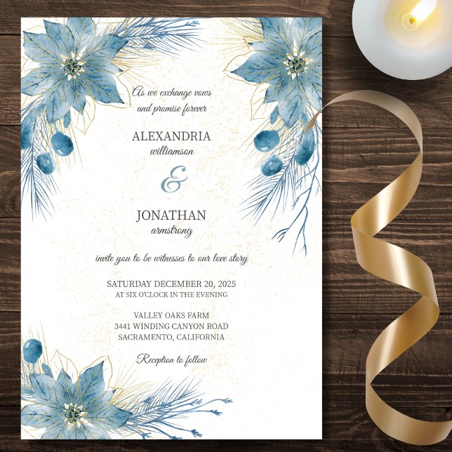 Modern Blue & Gold Poinsettia Wedding  Invitation (Creator Uploaded)