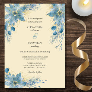 Modern Blue & Gold Poinsettias on Gold Wedding Invitation