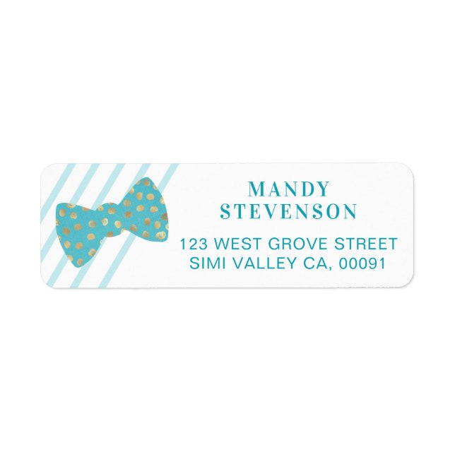 Modern Blue & Gold Polka Dot Bow Tie & Stripes Label (Front)