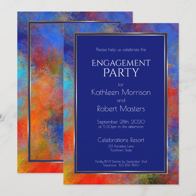 Modern Blue Gold Red Watercolor Engagement Party Invitation (Front/Back)