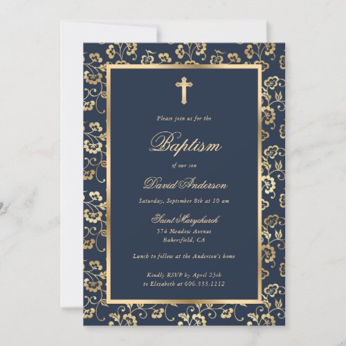Modern Blue Gold Script Floral Boy Baptism Invitation