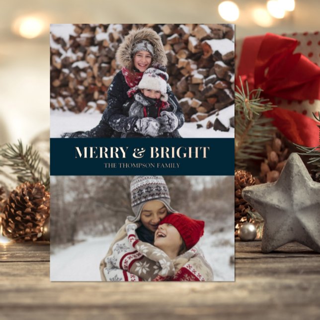 Modern Blue Gold Script Merry Bright Photo Foil Holiday Card (Creator Uploaded)