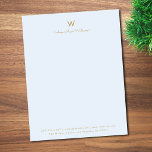 Modern Blue Gold Script Monogram Letterhead<br><div class="desc">A modern,  elegant monogram design with gold handwritten minimalist script typography and sans serif block typography on an elegant pastel blue background. The monogram,  name and contact information can be easily personalized.</div>