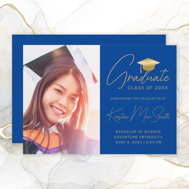 Modern Blue Gold Script Photo College Graduation Announcement (Modern Royal Blue Gold Script Photo Graduation Announcement)