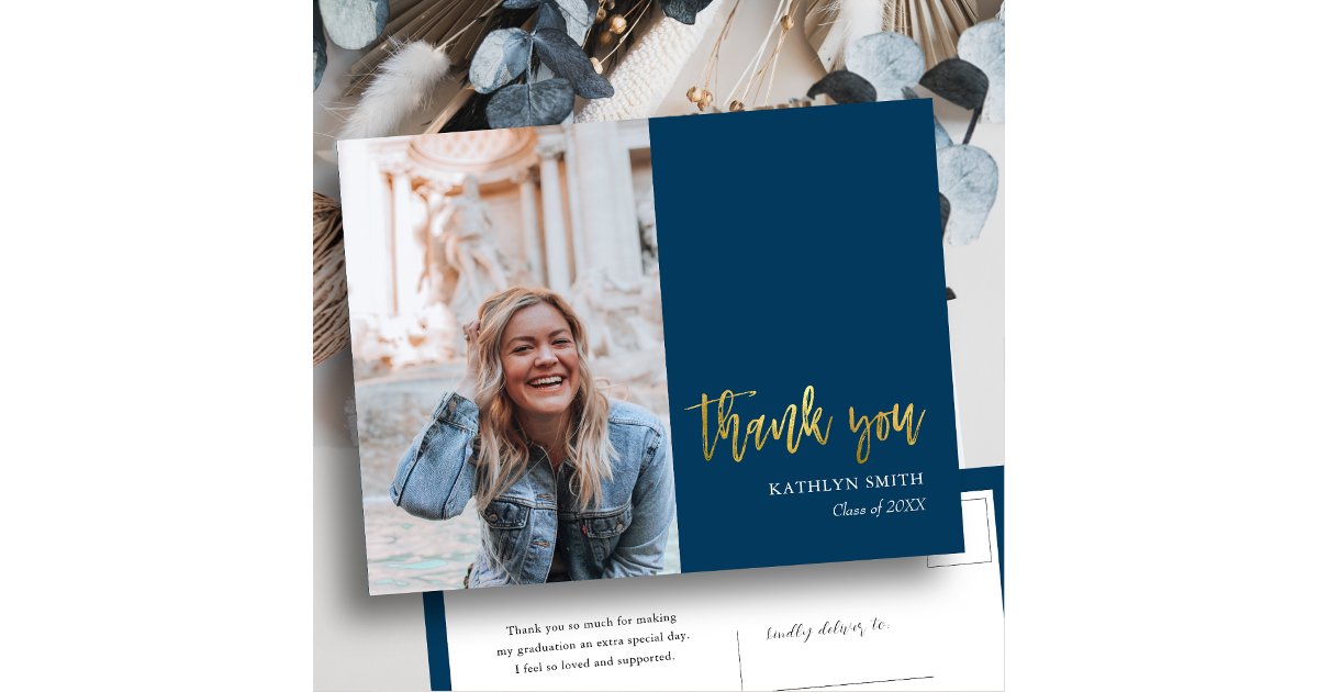 Modern Blue Gold Script Photo Graduation Thank You Postcard | Zazzle