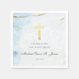 Modern Blue Gold Signature Baptism Christening Napkins