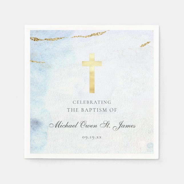 Modern Blue Gold Signature Baptism Christening Napkins (Front)