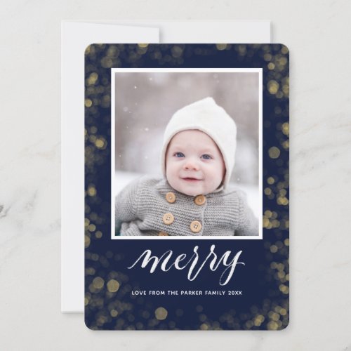 Modern Blue Gold Snowflakes Bokeh Minimalist Photo Holiday Card