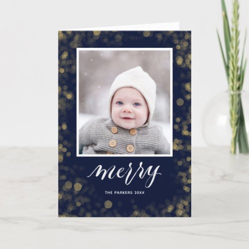 Modern Blue Gold Snowflakes Bokeh Minimalist Photo Holiday Card