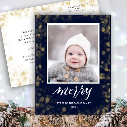 Modern Blue Gold Snowflakes Bokeh Minimalist Photo Holiday Postcard