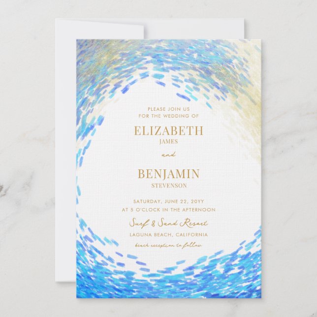 Modern Blue Gold Splash Surfer Wave Beach Wedding Invitation (Front)