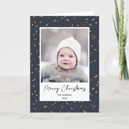 Modern Blue Gold Star Bokeh Overlay Minimalist  Holiday Card