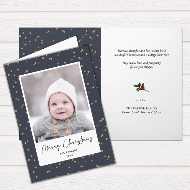 Modern Blue Gold Star Bokeh Overlay Minimalist  Holiday Card (Creator Uploaded)