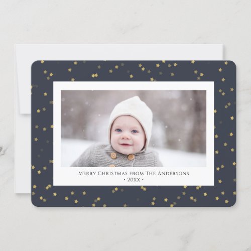 Modern Blue Gold Star Bokeh Overlay Minimalist  Holiday Card