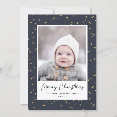 Modern Blue Gold Star Bokeh Overlay Minimalist  Holiday Card
