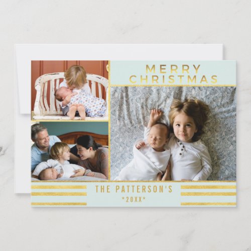 Modern Blue Gold Stripes Christmas Greetings Photo Holiday Card