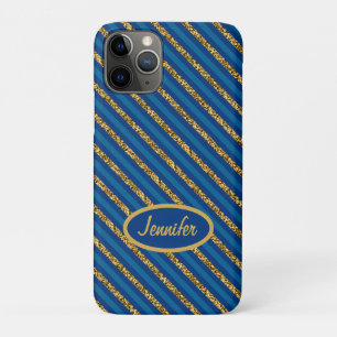 Modern Blue & Gold Stripes Personalize Name iPhone 11 Pro Case