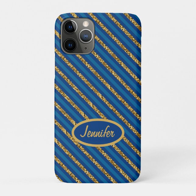 Modern Blue & Gold Stripes Personalize Name Case-Mate iPhone Case (Back)