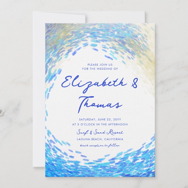 Modern Blue Gold Surfer Wave Elegant Beach Wedding Invitation (Front)